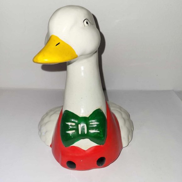 VINTAGE 12" DUCK IN RED TUXEDO COOKIE JAR GREEN BOW TIE HAND PAINTED - Picture 9 of 12